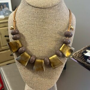 Earth-tone Chunky Beaded Necklace with adjustable faux leather cord. Acrylic